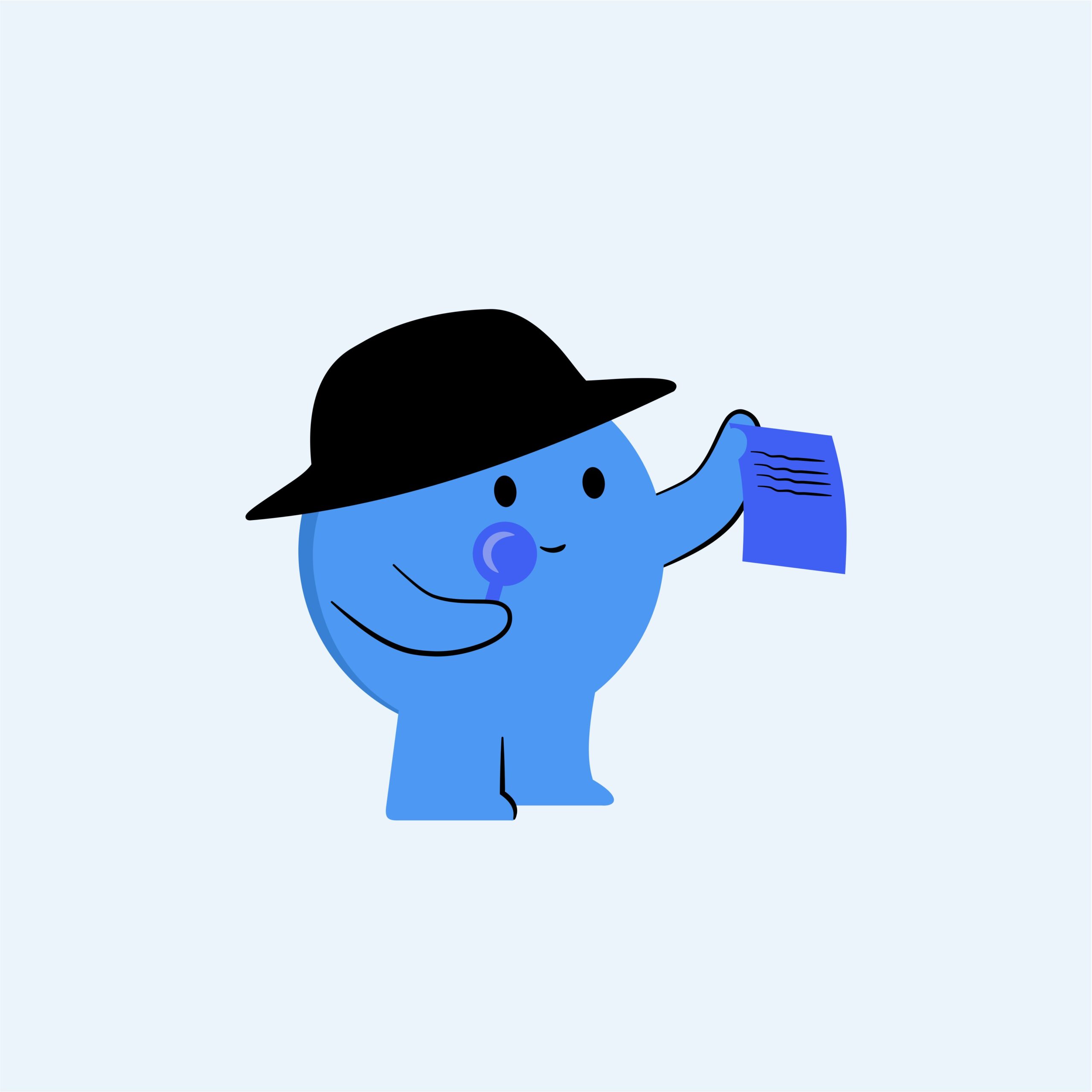 Blue cartoon with hat and magnifying glass