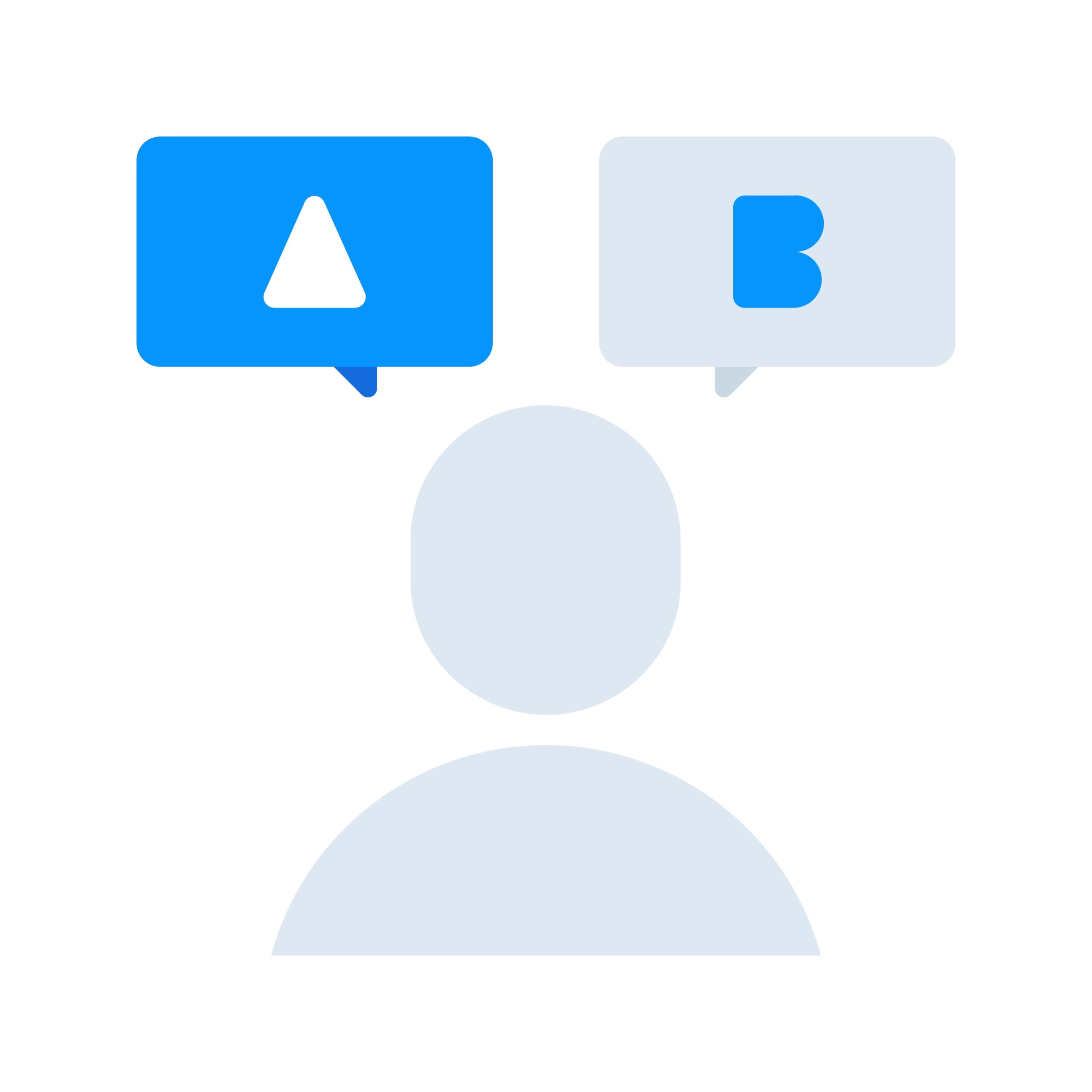 A person with two speech bubbles above their head, one that says A and one that says B
