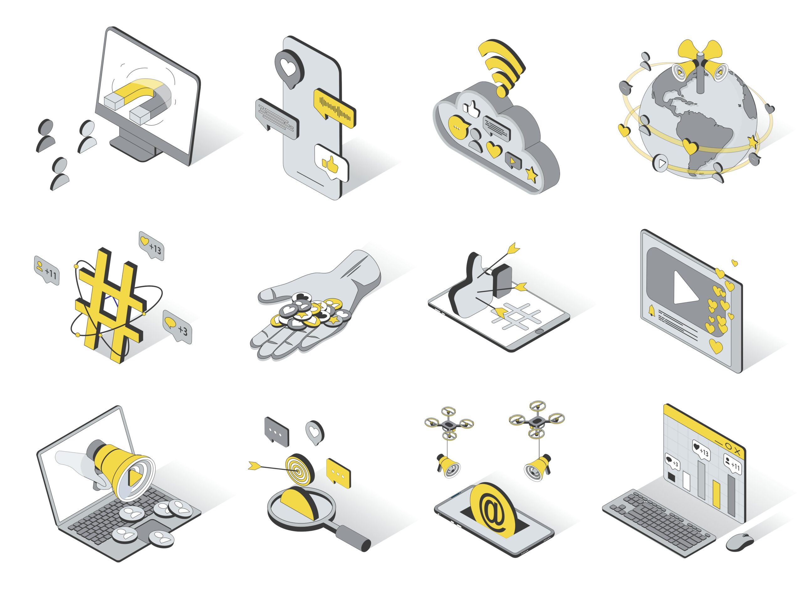 Digital marketing and social media icons on a white background